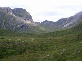 Glen Lair: Beinn Liath Mhor on right, Sgorr Ruadh on left.
Col with lochan for ascent is straight ahead.