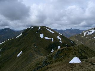 Two walkers on the summit of Aonach Meadhoin from Sgurr an Fhuarail.
